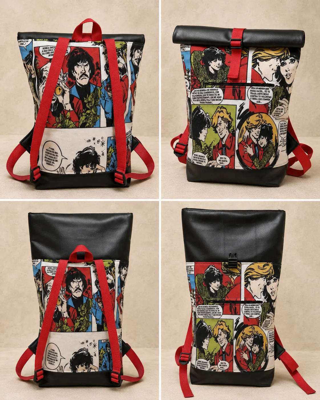 Mochila artesanal extensible con estampado de cómic